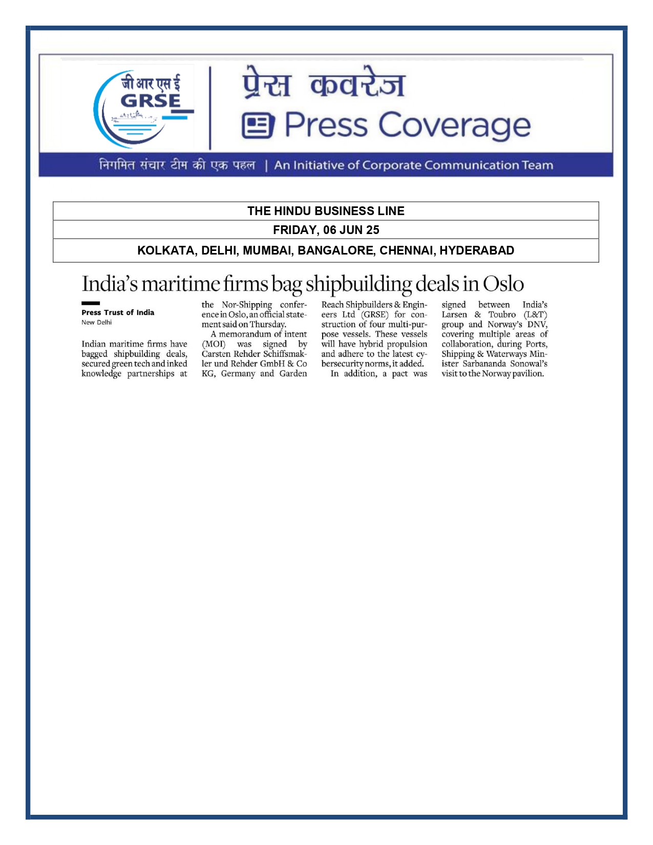 Press Coverage : CMD,GRSE conferred on CMA's Management Excellence Award 2025  